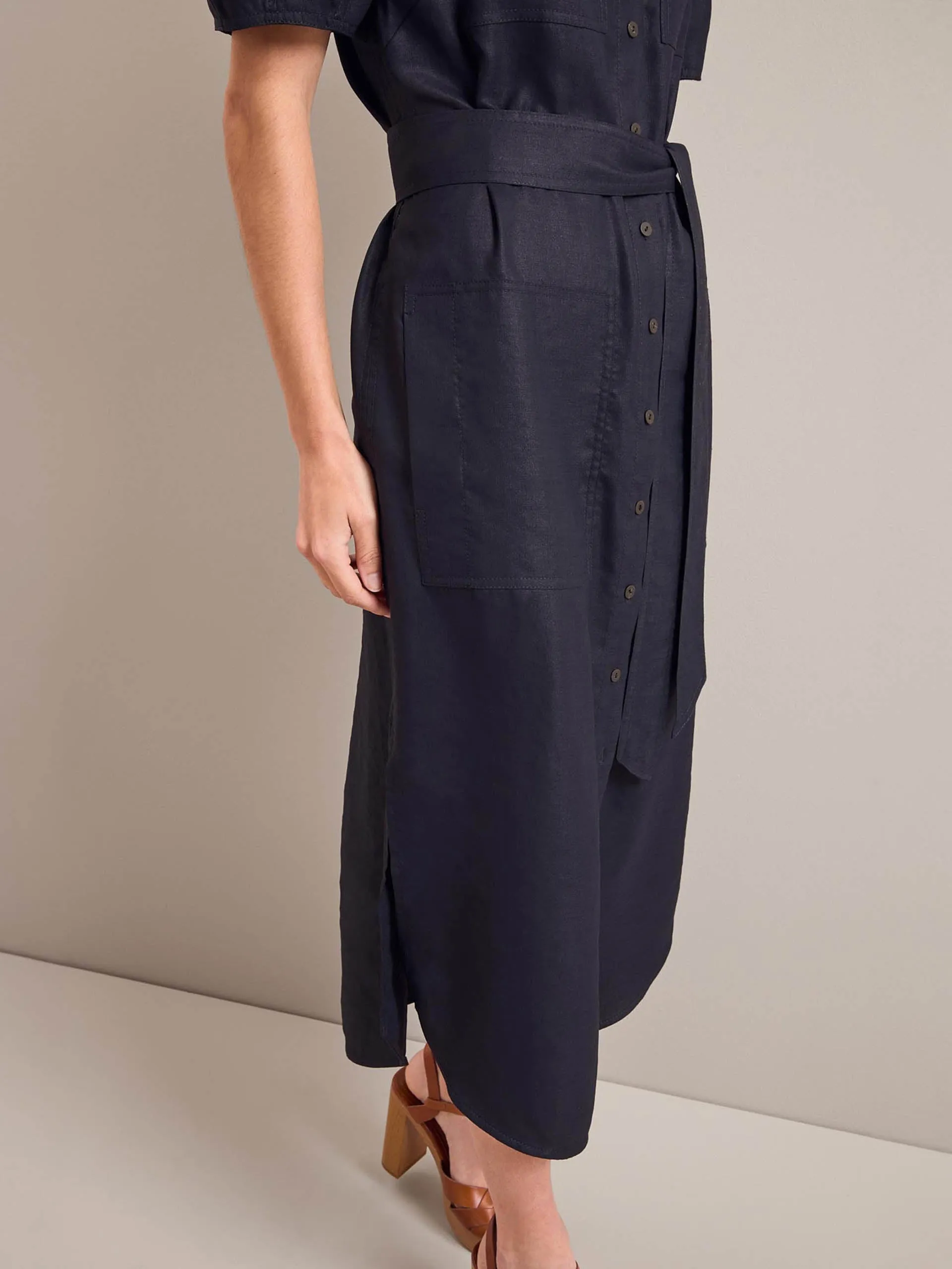 Navy Lyra techni linen maxi shirt dress