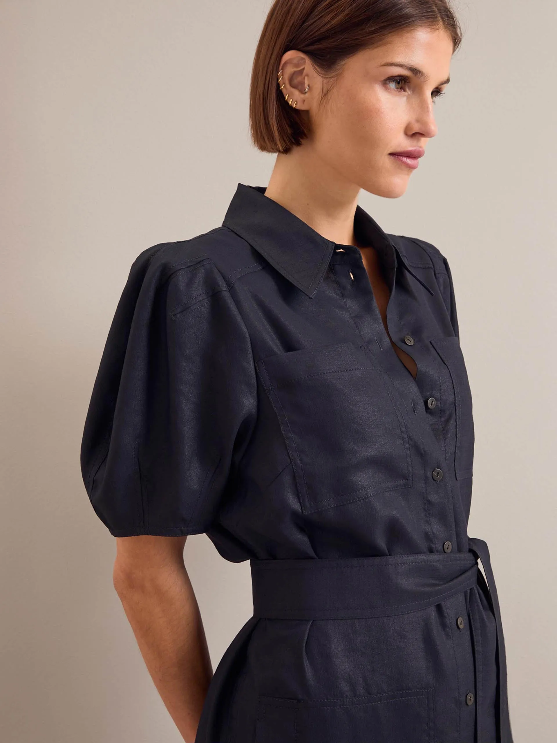 Navy Lyra techni linen maxi shirt dress