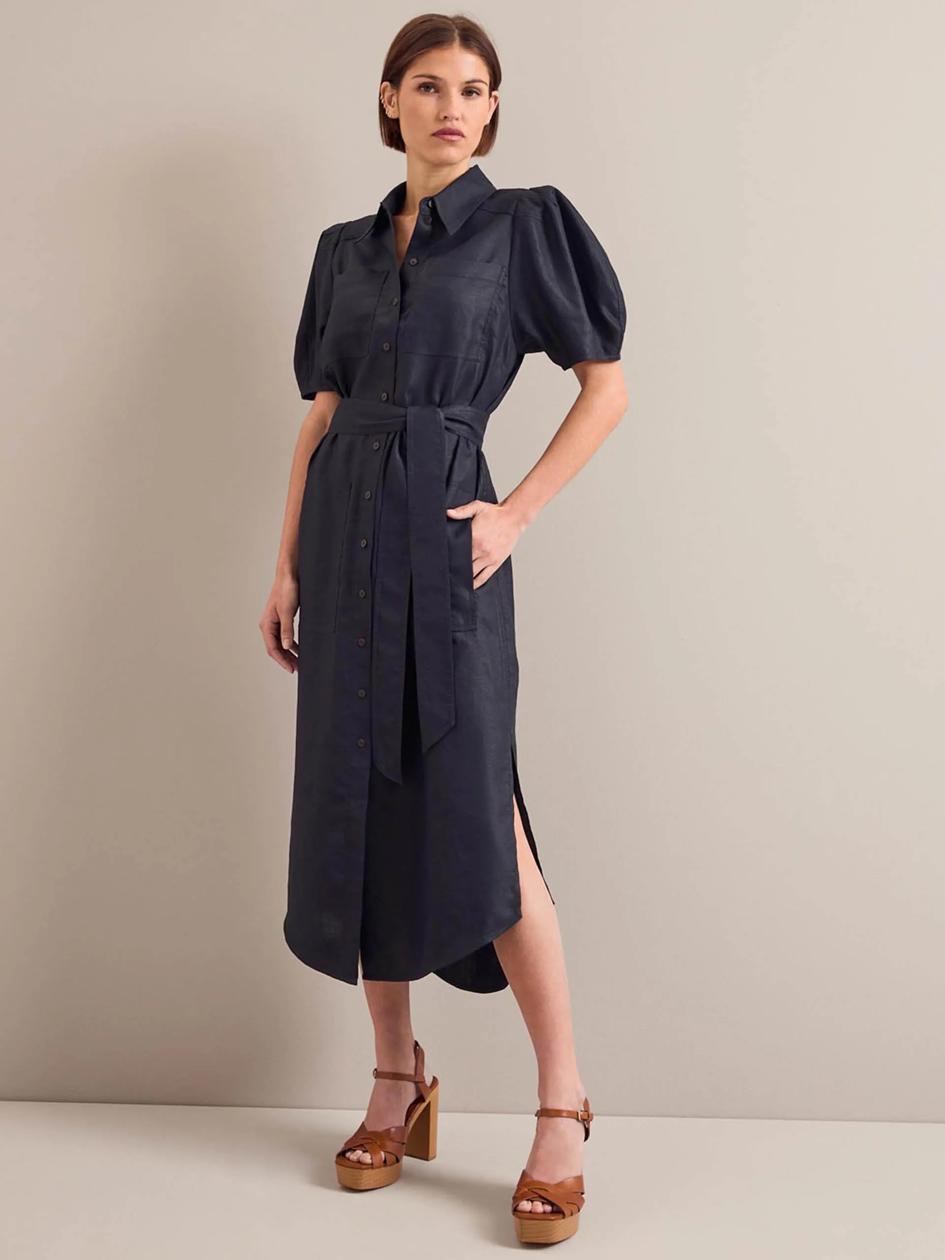 Navy Lyra techni linen maxi shirt dress