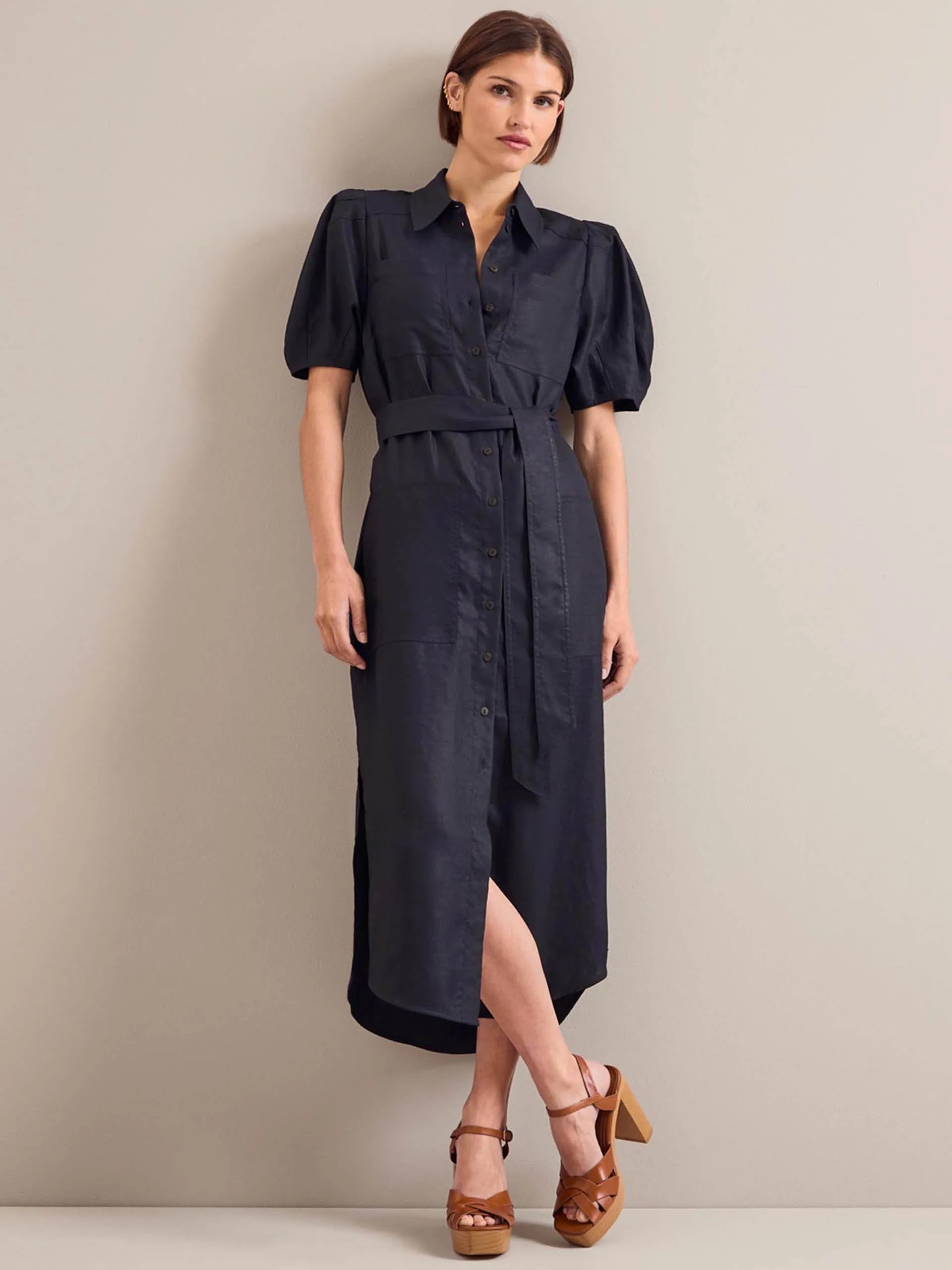 Navy Lyra techni linen maxi shirt dress