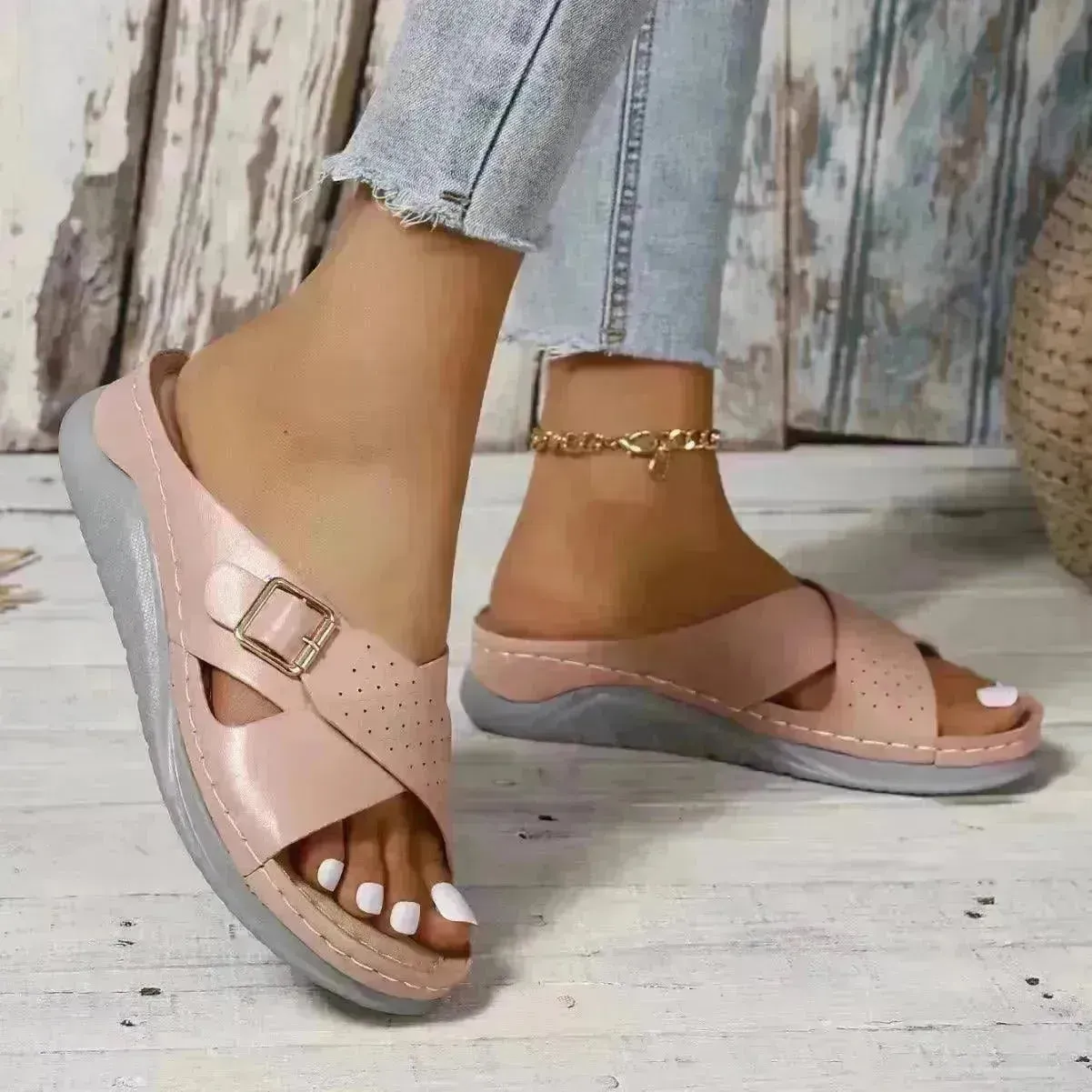 New Buckle Cross-design Slippers Summer Wedges Sandals Fashion Women's Beach Shoes