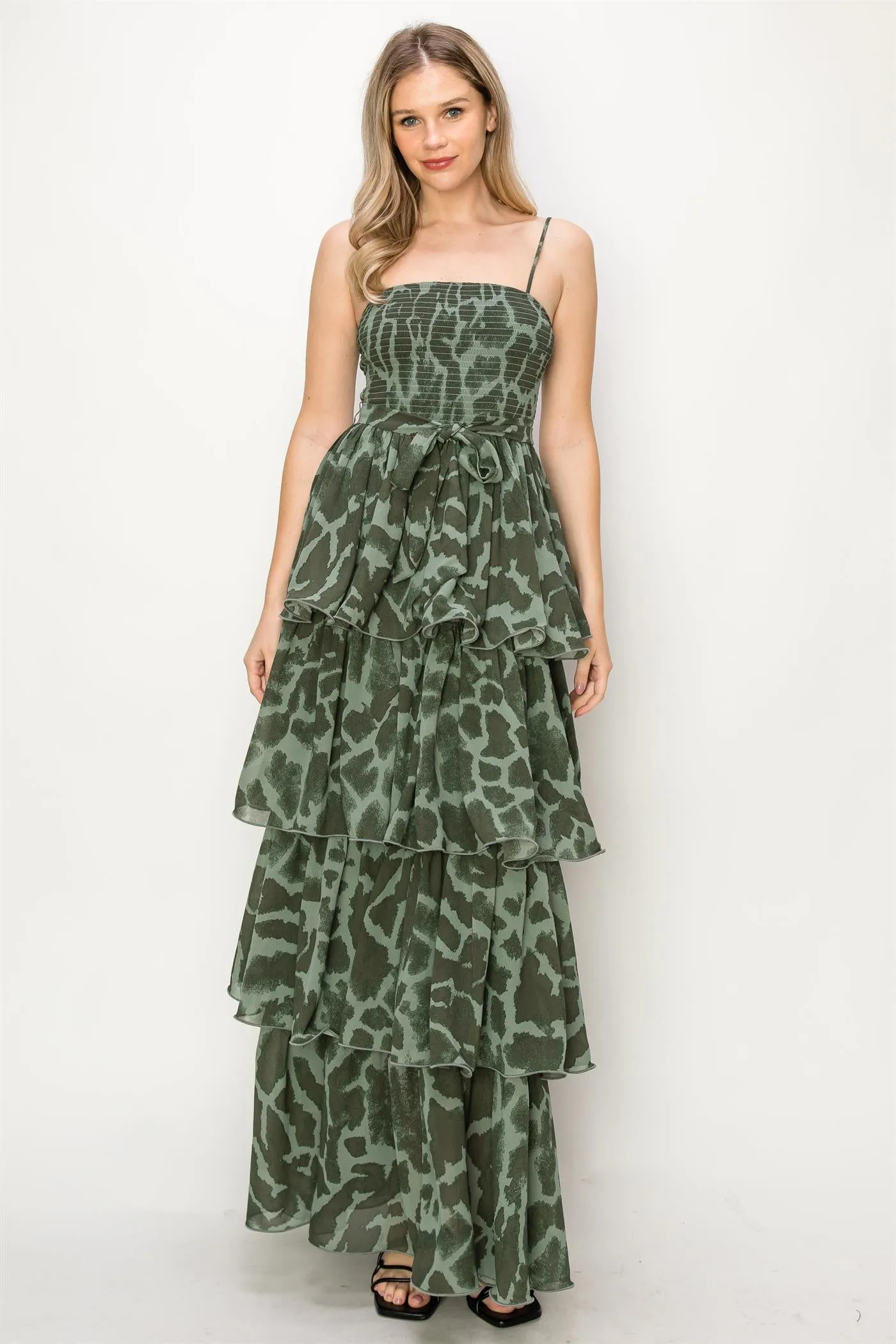 ONETHELAND Leopard Print Sleeveless Smocked Tiered Maxi Dress In Green