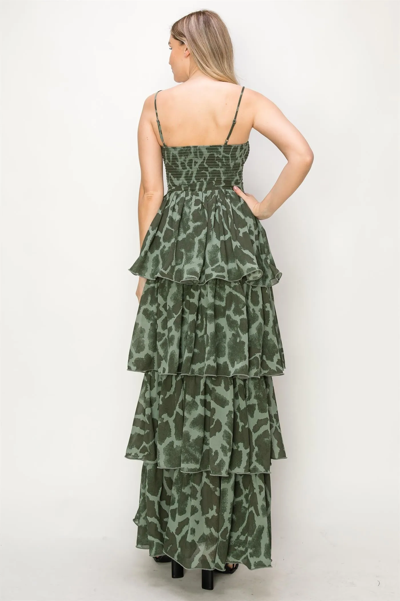 ONETHELAND Leopard Print Sleeveless Smocked Tiered Maxi Dress In Green