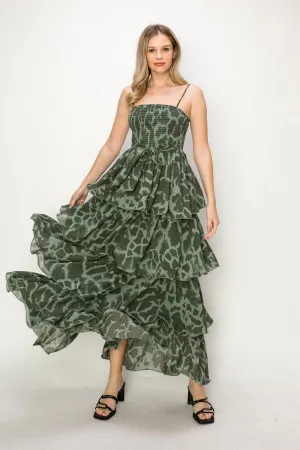 ONETHELAND Leopard Print Sleeveless Smocked Tiered Maxi Dress In Green