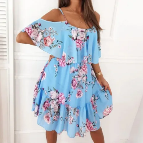 Open Shoulder Ruffle Chiffon Beach Dress | CozyCouture®