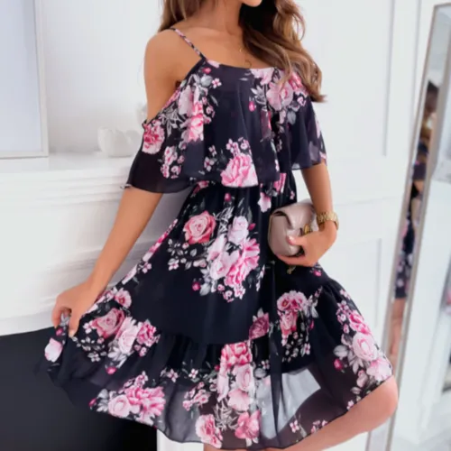 Open Shoulder Ruffle Chiffon Beach Dress | CozyCouture®
