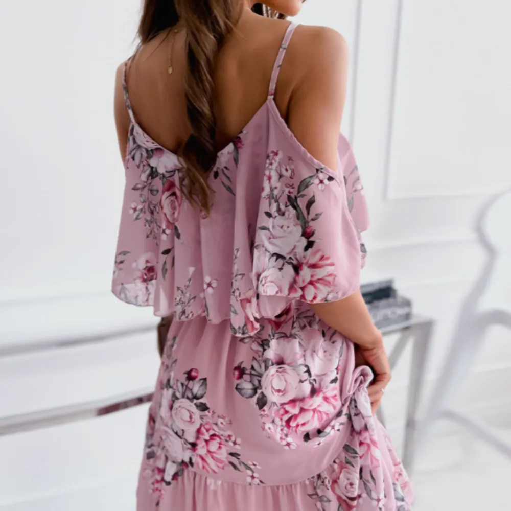 Open Shoulder Ruffle Chiffon Beach Dress | CozyCouture®