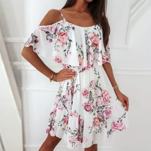 Open Shoulder Ruffle Chiffon Beach Dress | CozyCouture®