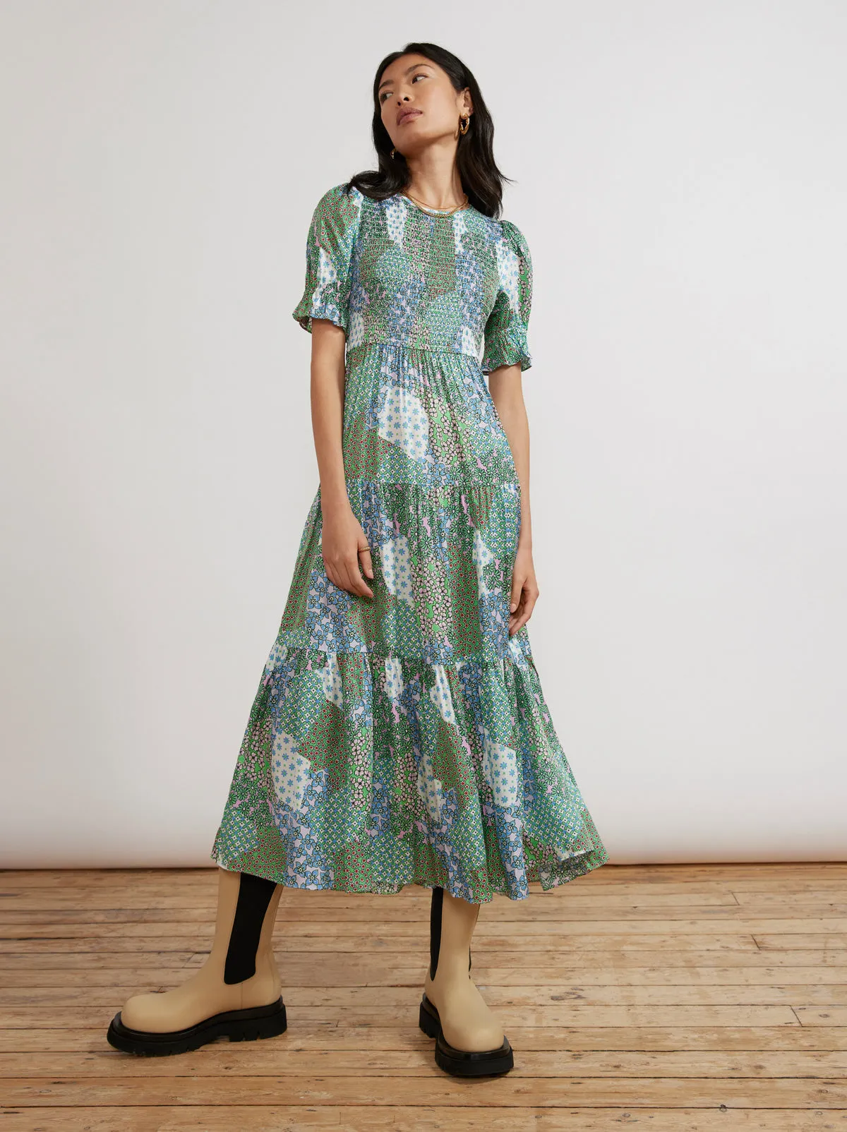 Persephone Shirred Mixed Floral Print Dress