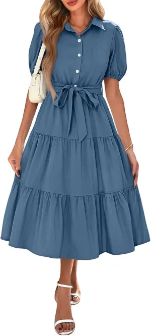 PETYCZEN Summer Dresses for Women 2025 Casual Tiered Dress Short Sleeve Button Down Belted Maxi Dress A Line Flowy Sundresses
