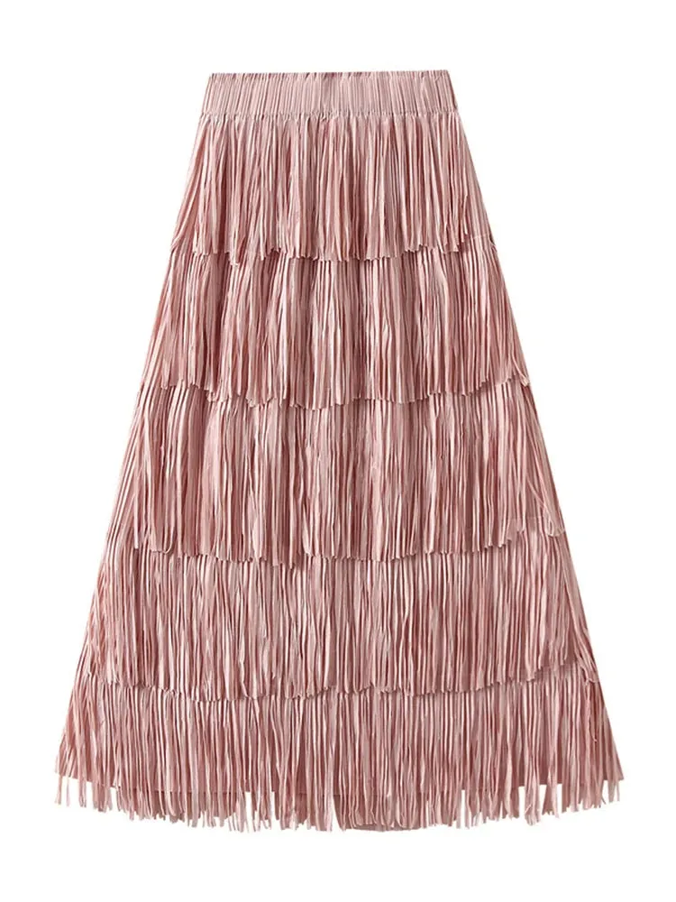 Pleated Tassel Detail High Waist Solid Color Maxi Skirt