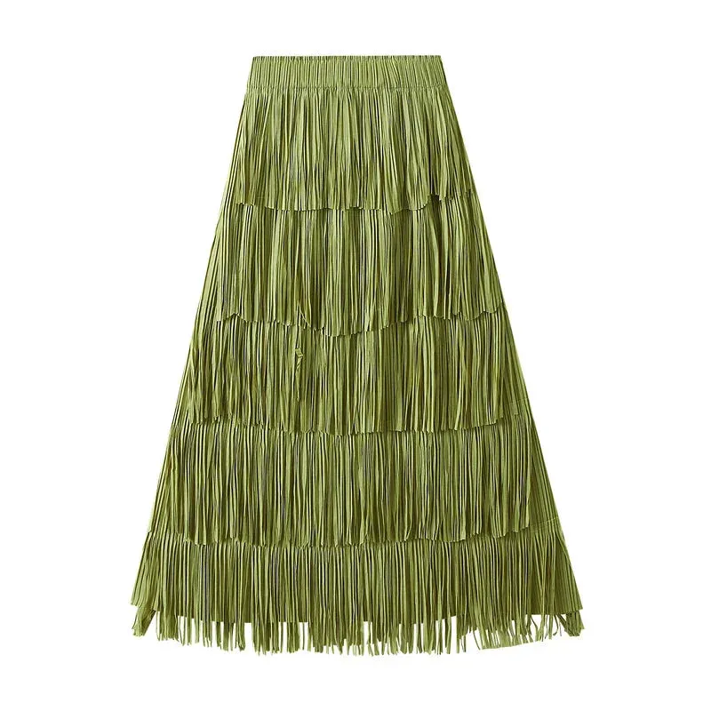 Pleated Tassel Detail High Waist Solid Color Maxi Skirt