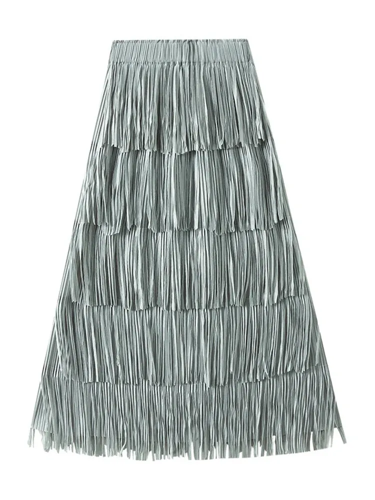 Pleated Tassel Detail High Waist Solid Color Maxi Skirt