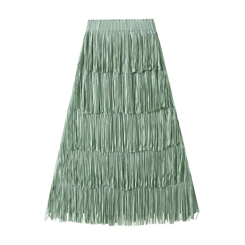 Pleated Tassel Detail High Waist Solid Color Maxi Skirt