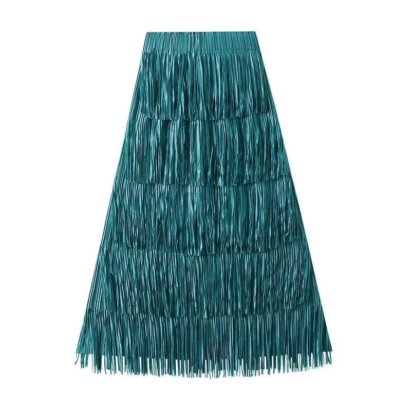 Pleated Tassel Detail High Waist Solid Color Maxi Skirt