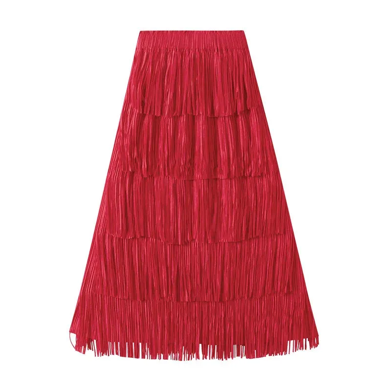Pleated Tassel Detail High Waist Solid Color Maxi Skirt