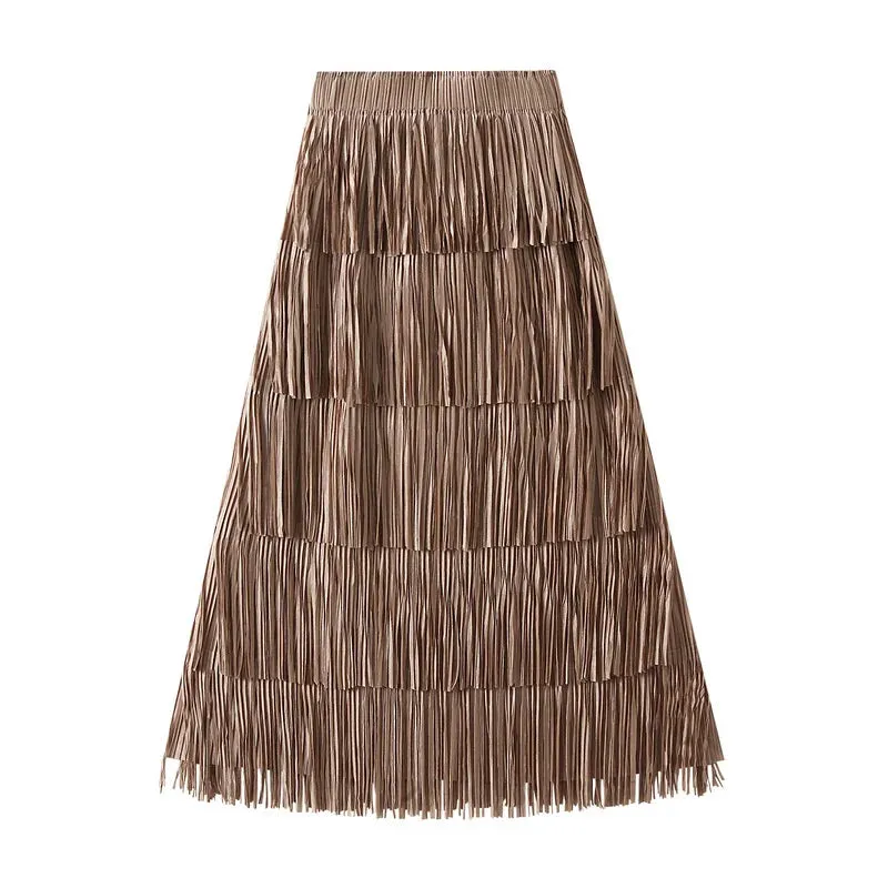 Pleated Tassel Detail High Waist Solid Color Maxi Skirt
