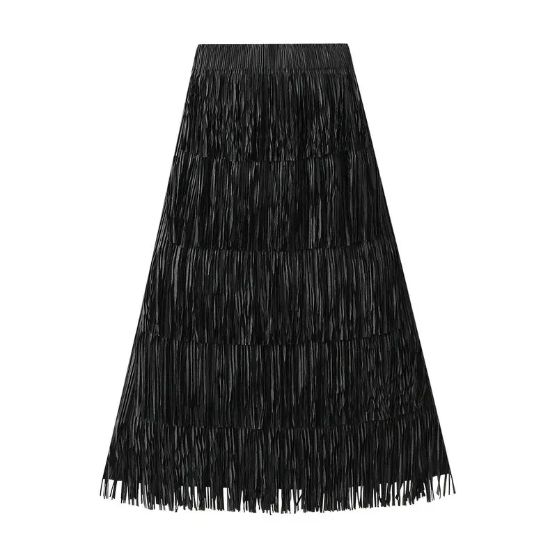 Pleated Tassel Detail High Waist Solid Color Maxi Skirt