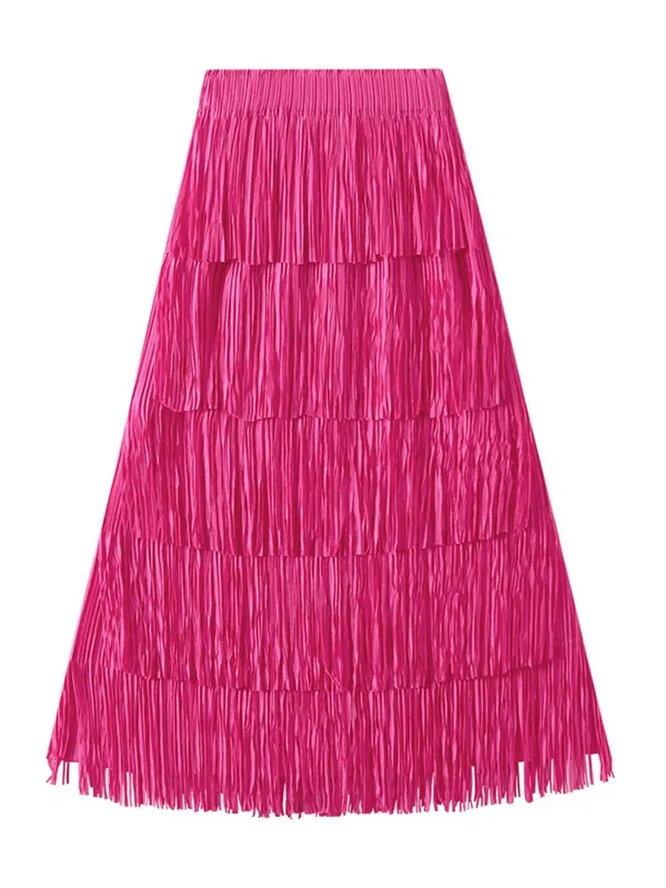 Pleated Tassel Detail High Waist Solid Color Maxi Skirt