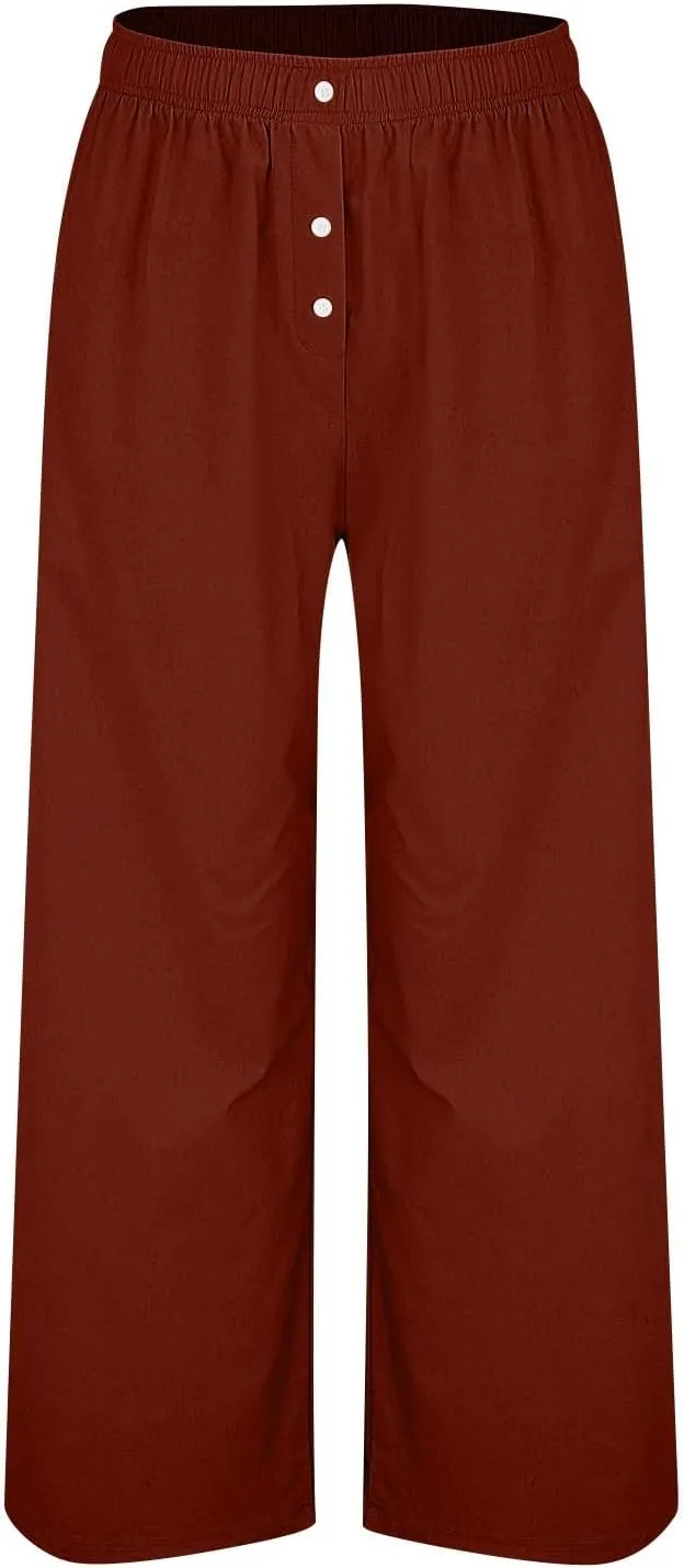 Plus Size Linen Pants Women Pull On High Waisted Casual Loose Pants 2024 Summer Boho Beach Pants with Pockets