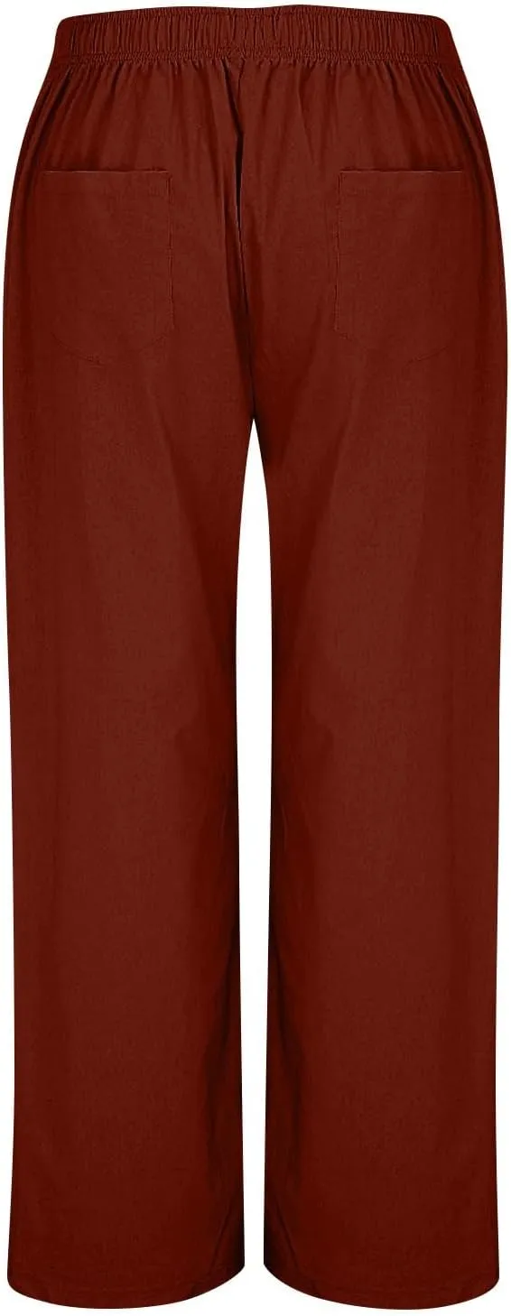 Plus Size Linen Pants Women Pull On High Waisted Casual Loose Pants 2024 Summer Boho Beach Pants with Pockets