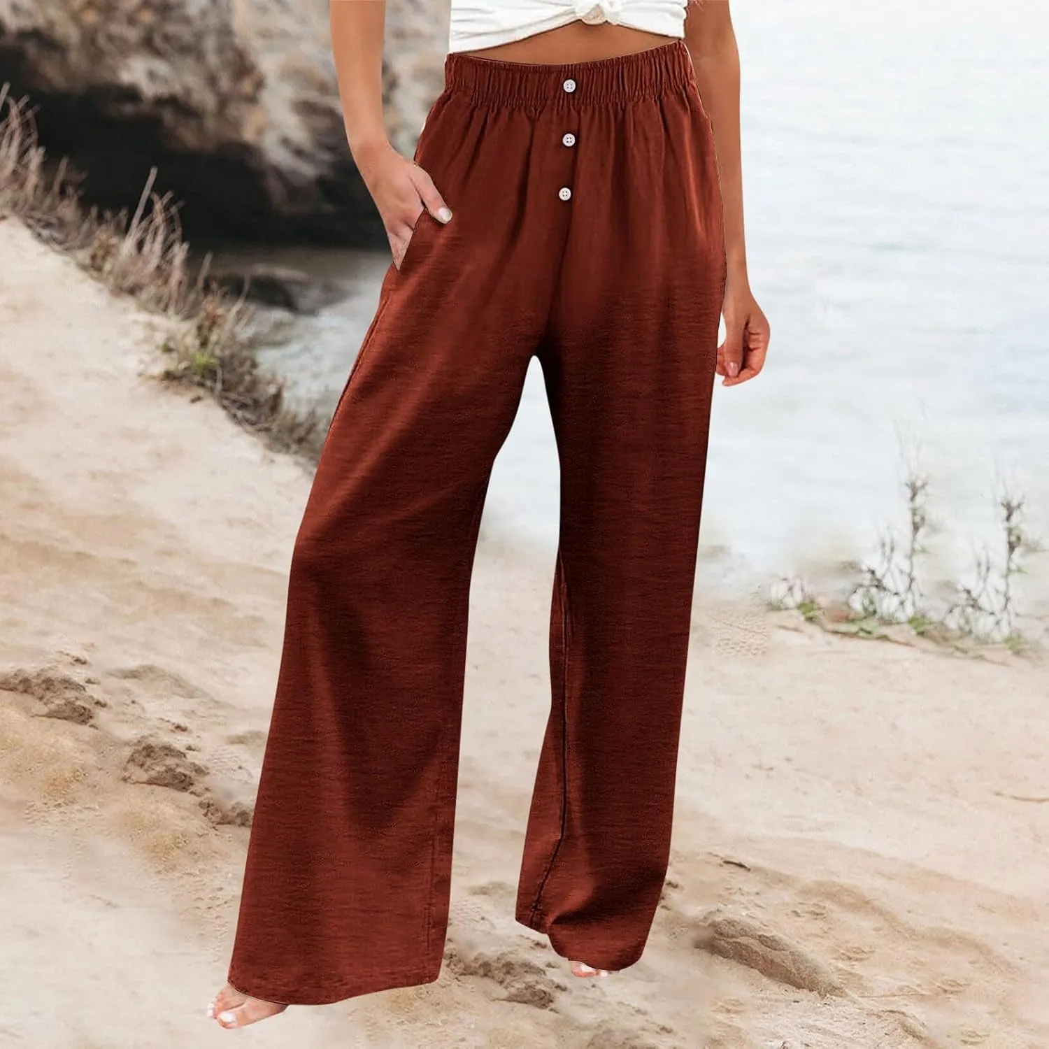 Plus Size Linen Pants Women Pull On High Waisted Casual Loose Pants 2024 Summer Boho Beach Pants with Pockets