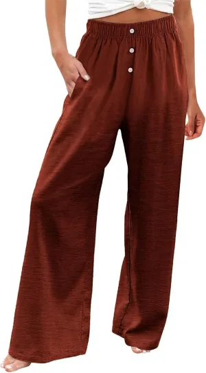 Plus Size Linen Pants Women Pull On High Waisted Casual Loose Pants 2024 Summer Boho Beach Pants with Pockets