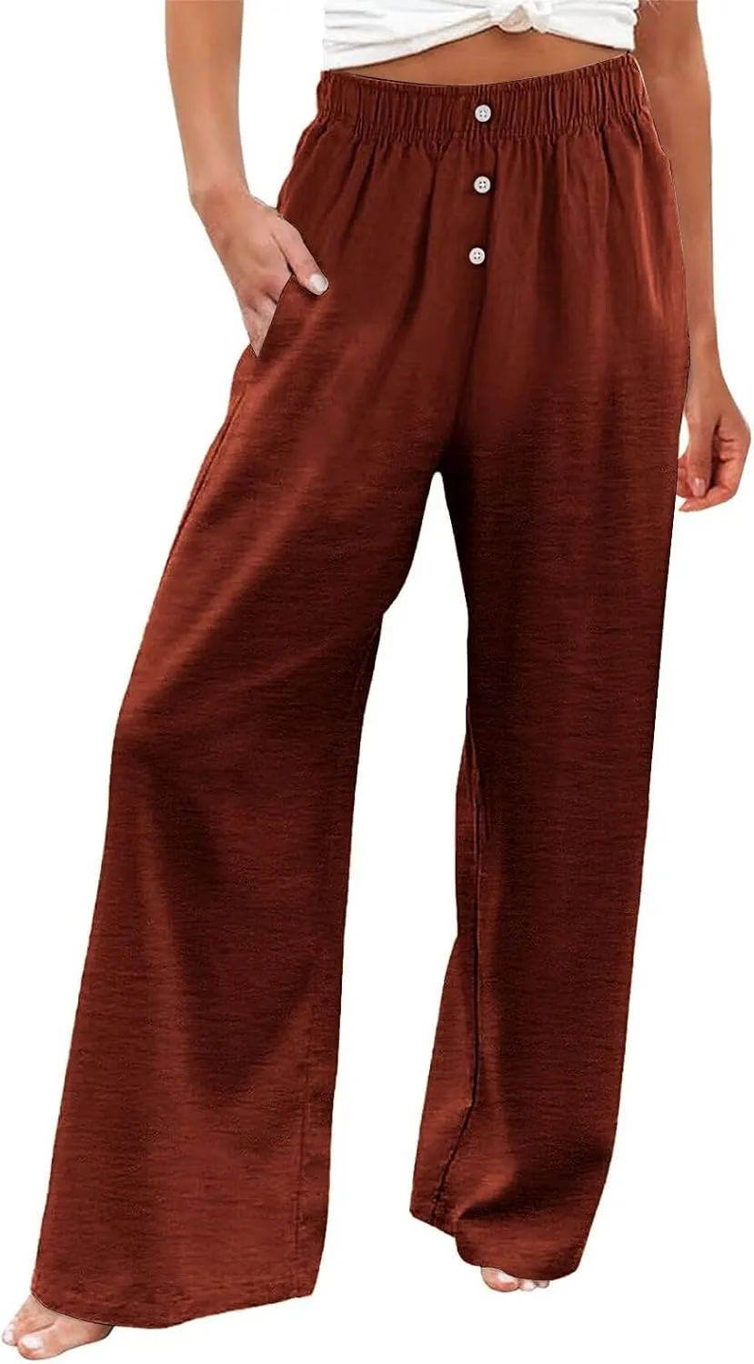 Plus Size Linen Pants Women Pull On High Waisted Casual Loose Pants 2024 Summer Boho Beach Pants with Pockets