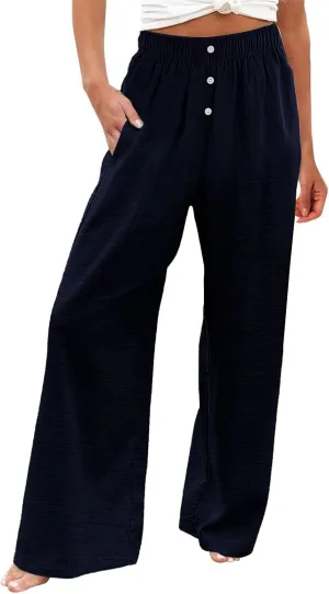 Plus Size Linen Pants Women Pull On High Waisted Casual Loose Pants 2024 Summer Boho Beach Pants with Pockets