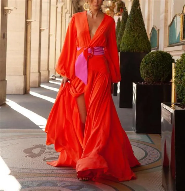 Red Color Split-Front Long Sleeves Maxi Dresses