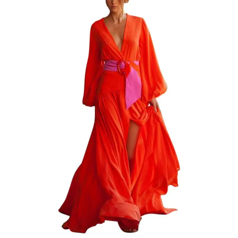 Red Color Split-Front Long Sleeves Maxi Dresses