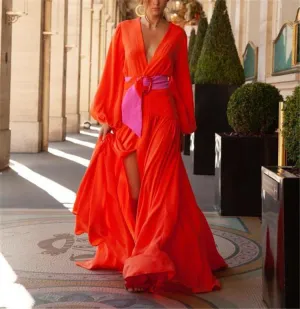 Red Color Split-Front Long Sleeves Maxi Dresses