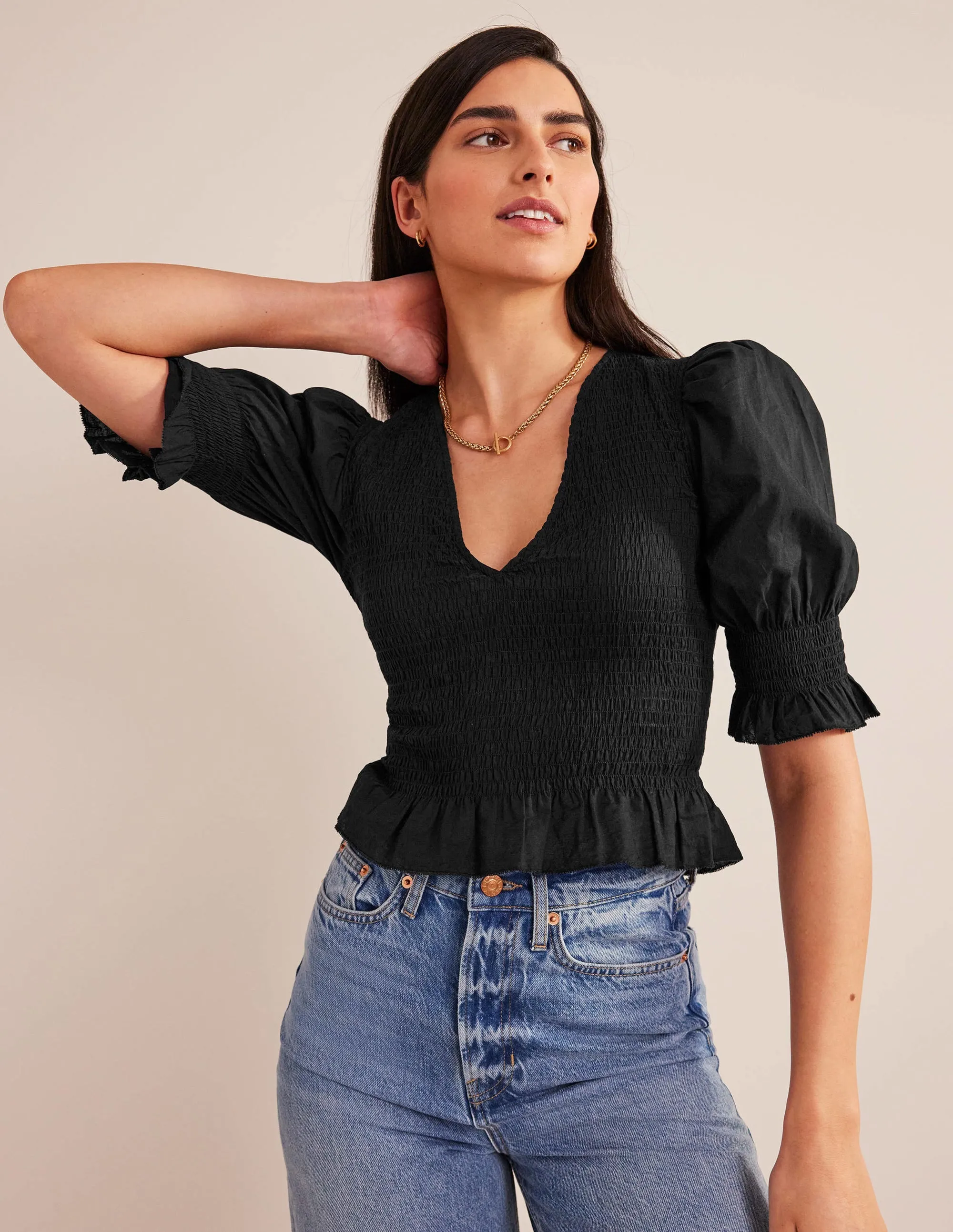 Smocked Bodice Crop Top-Black