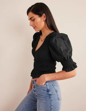 Smocked Bodice Crop Top-Black