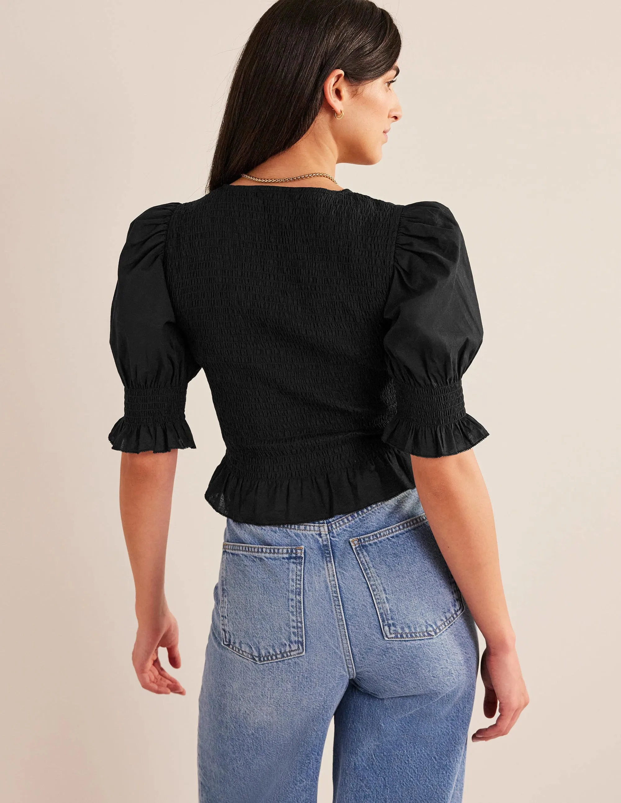 Smocked Bodice Crop Top-Black