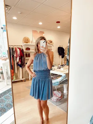 Smocked Waist Halter Dress - Mykonos Blue
