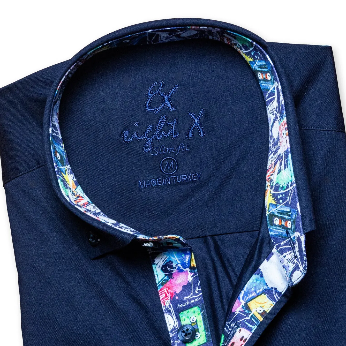Solid Cotton Stretch Button Down Shirt w/ Musical Trim