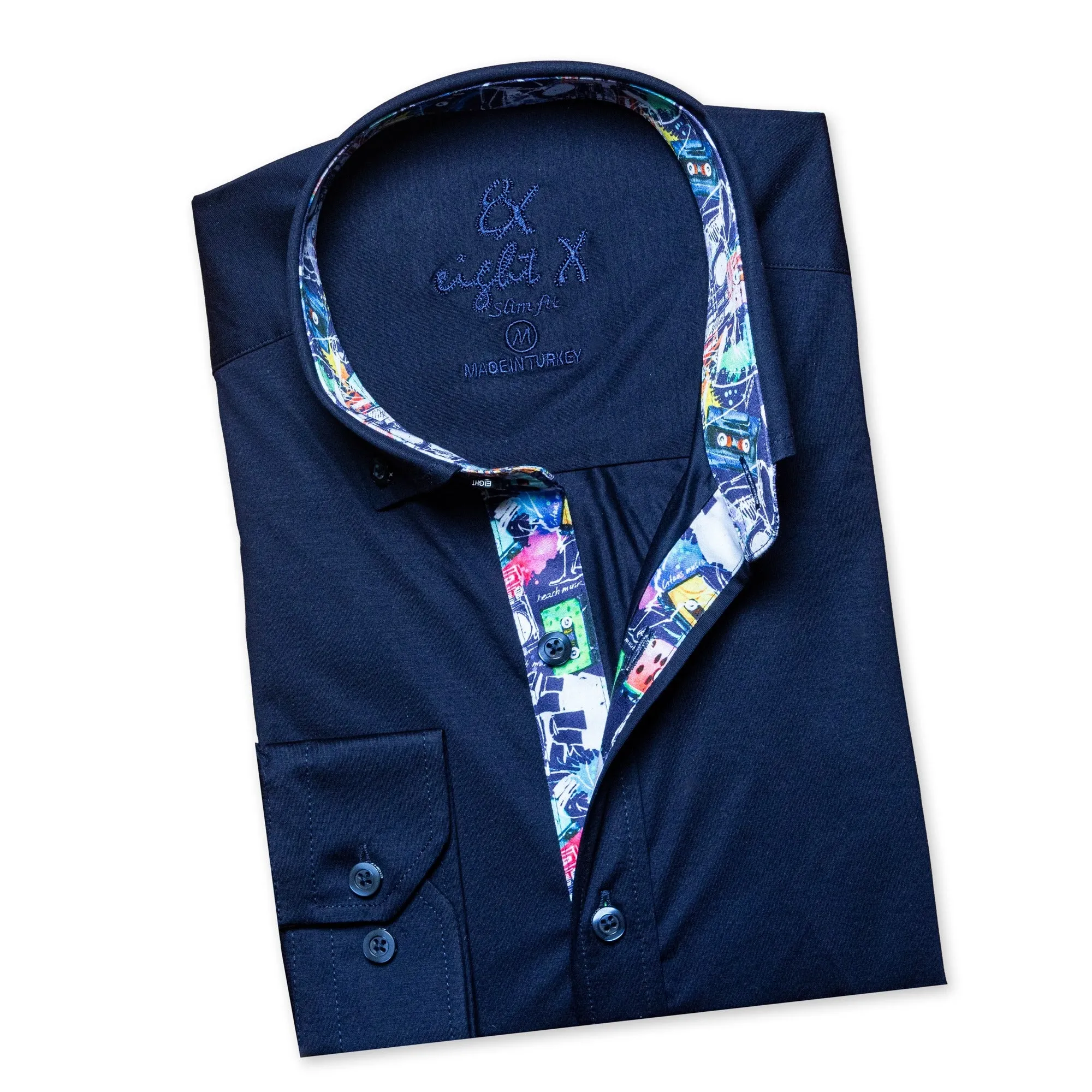 Solid Cotton Stretch Button Down Shirt w/ Musical Trim