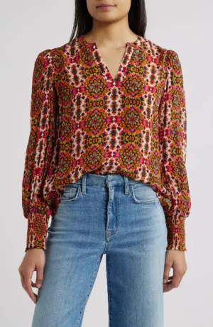 Split Neck Top With Smocked Cuffs