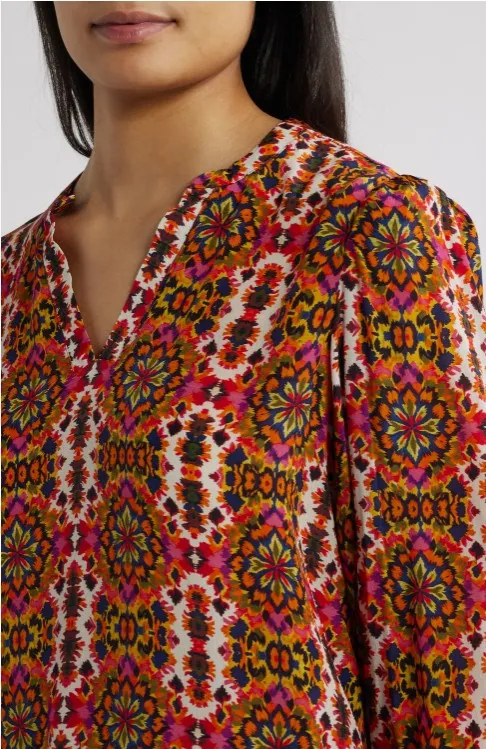 Split Neck Top With Smocked Cuffs