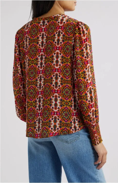 Split Neck Top With Smocked Cuffs