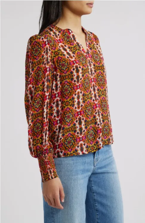 Split Neck Top With Smocked Cuffs