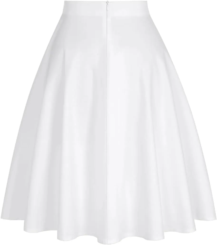Swomen French Midi Skater Skirt Cotton High Waist A Line Skirts Solid Rockabilly Swing Skirts
