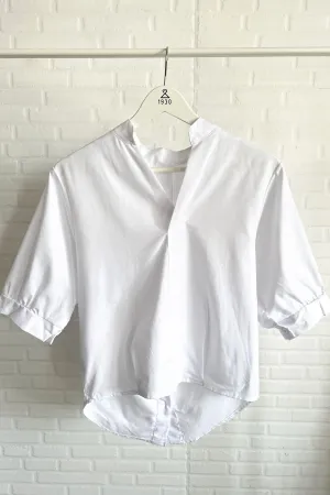 TAYLOR Relaxed Mandarin Collar Top (White)