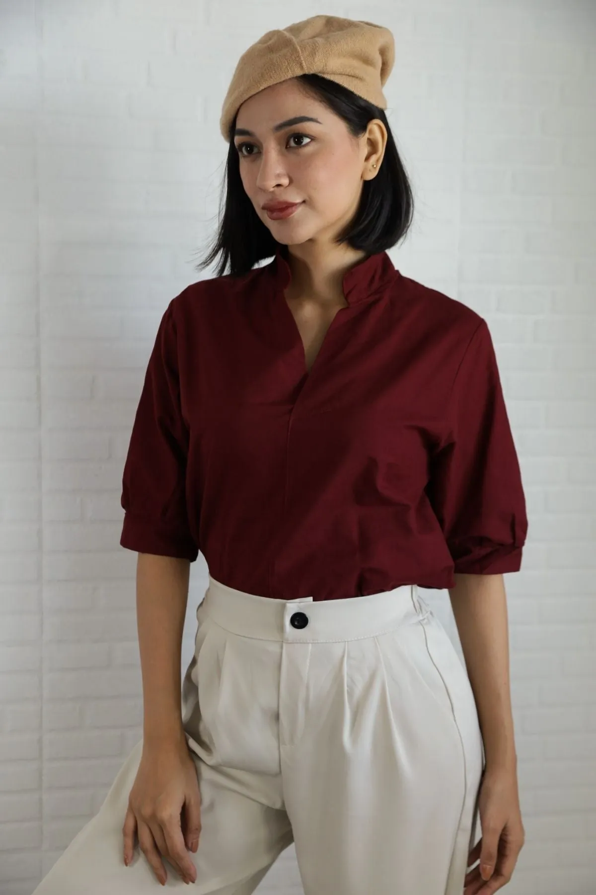 TAYLOR Relaxed Mandarin Collar Top (Wine Red)