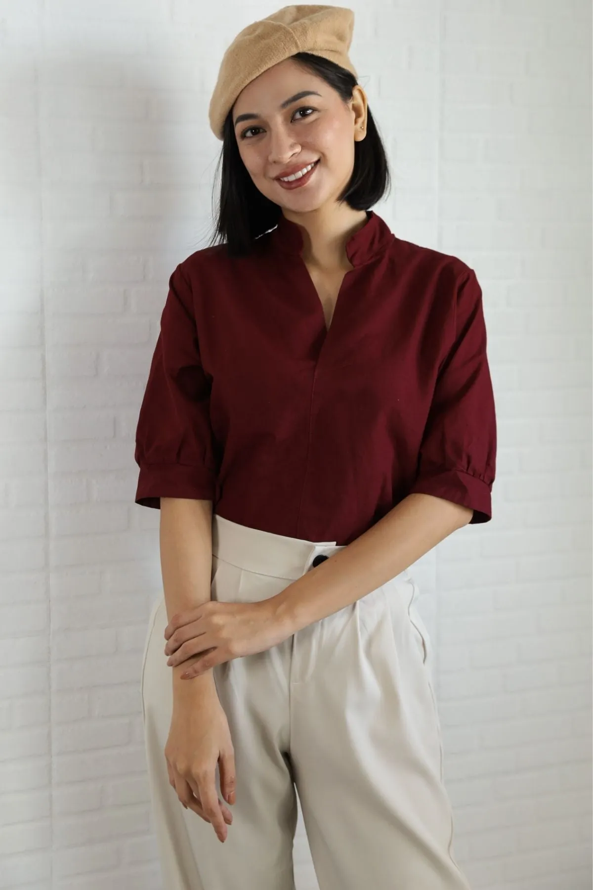 TAYLOR Relaxed Mandarin Collar Top (Wine Red)