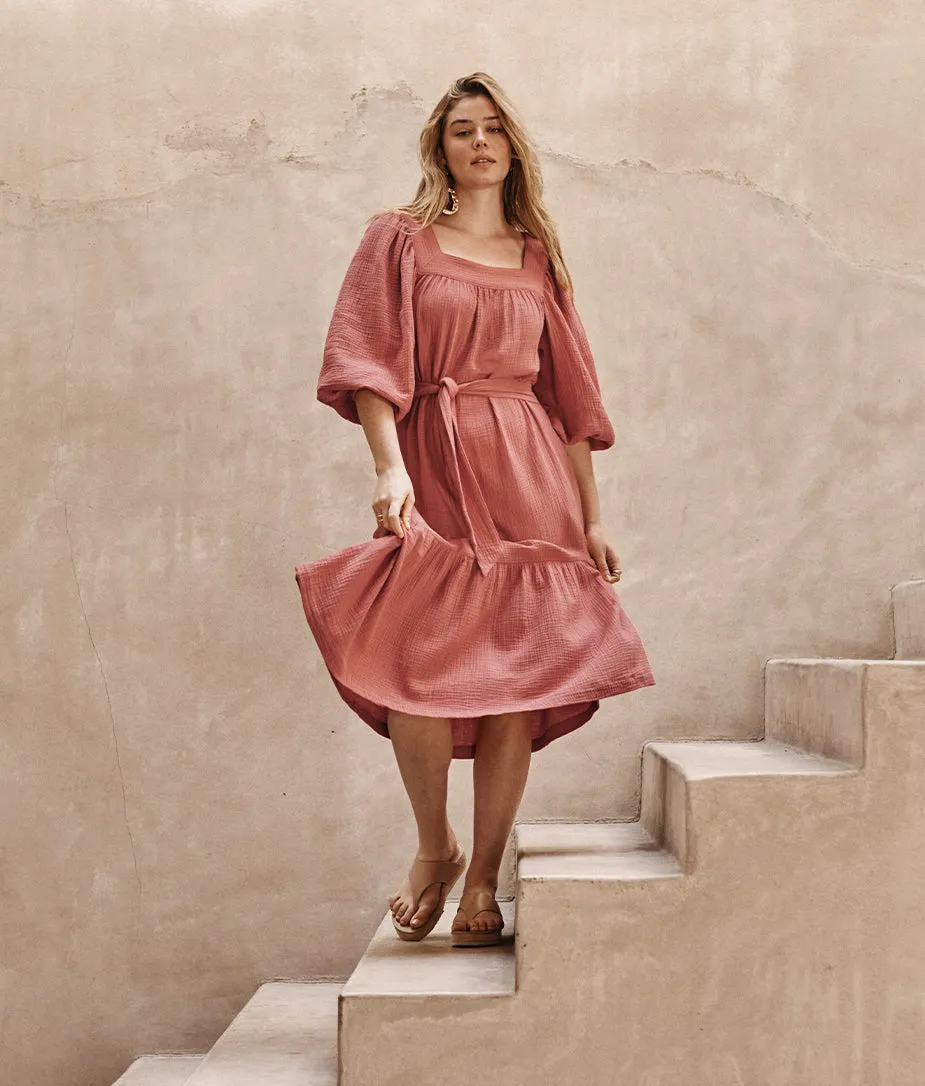 The Going Places Gauze Midi Dress - Faded Rose