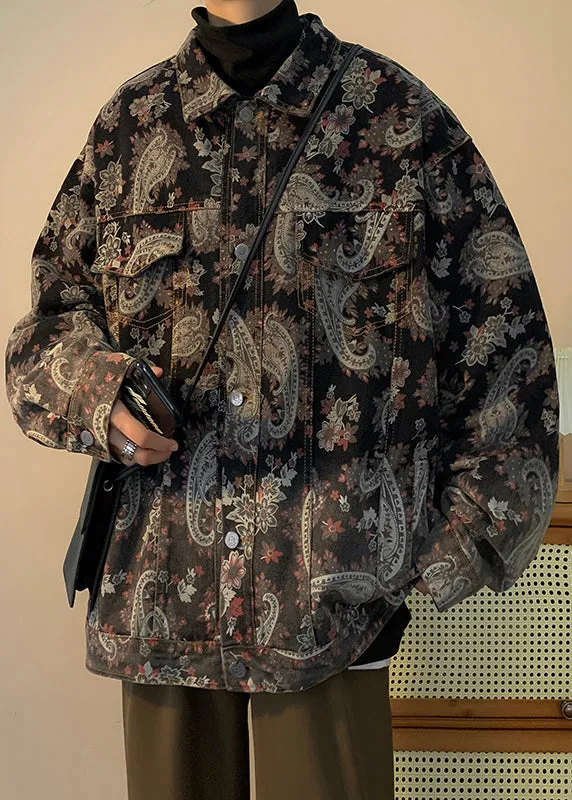 Unique Peter Pan Collar Button Print Denim Mens Coats Fall WA033