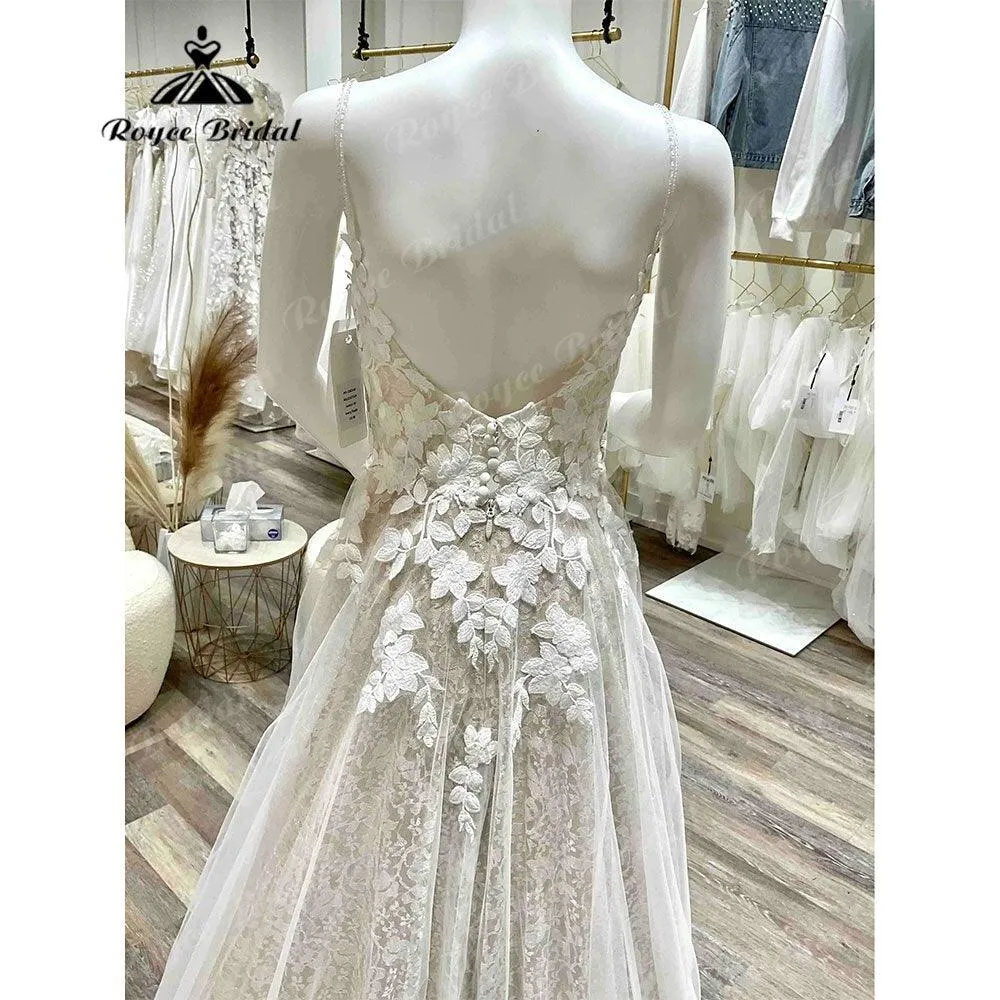 Vintage Plunging Lace Floral Champagne Open Back Boho Women Wedding Dress 2025 Bridal Gowns Spaghetti Straps abito da sposa Sexy