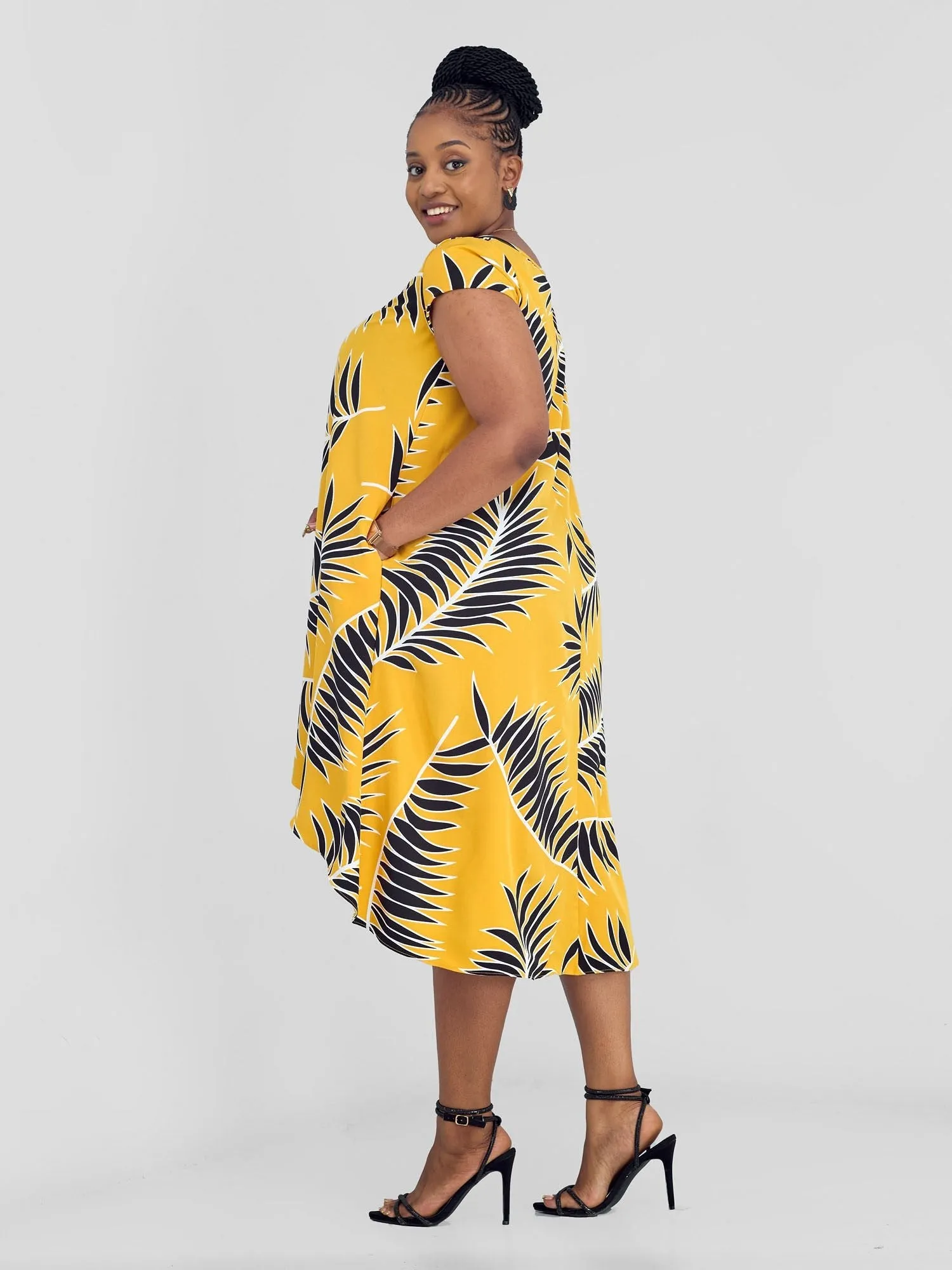 Vivo Jema High Low Tent Dress - Yellow/Black Palm Leaves Print
